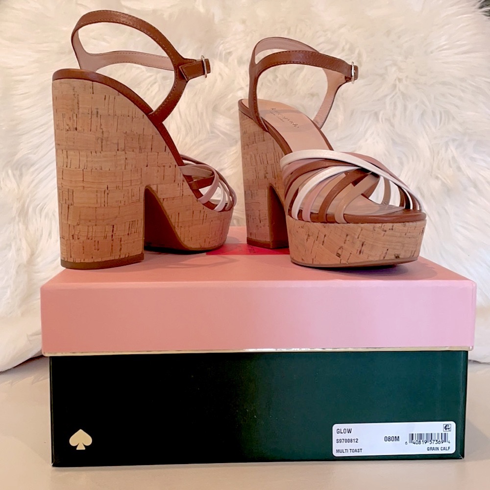 NIB KATE SPADE platform sandals 5 1/2” Multi grain leather beige tan blushpink 8